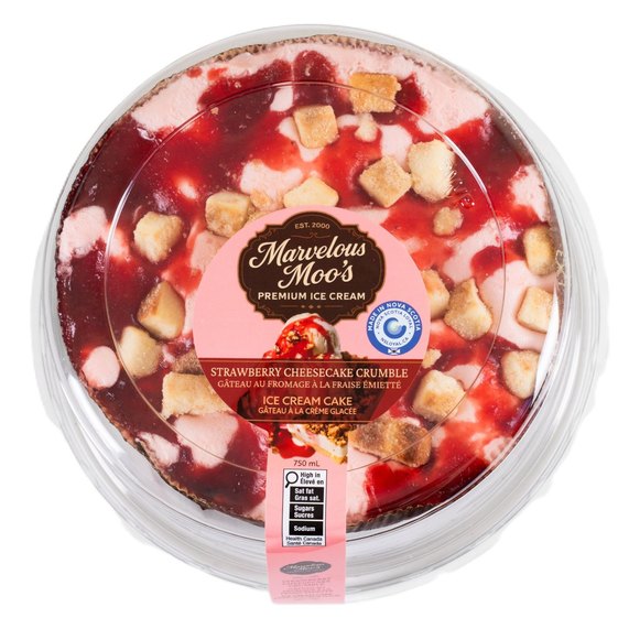 Marvelous Moo&rsquo;s Strawberry Cheesecake Crumble ice cream cake with strawberry swirl and crumb topping in clear packaging.